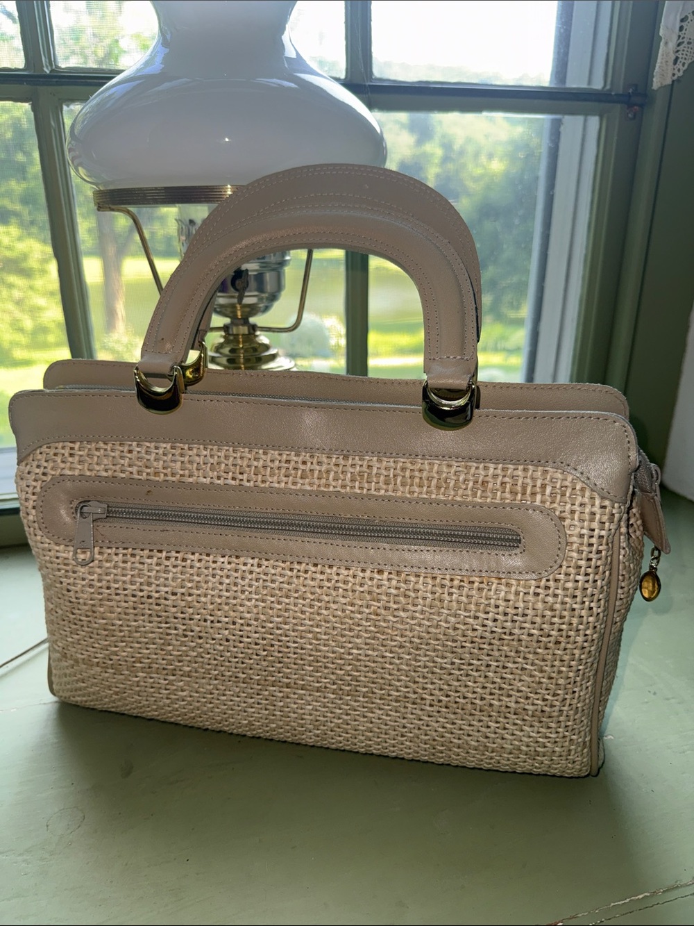 Vintage Contessa Woven Straw-Texture Structured Satchel - Beige